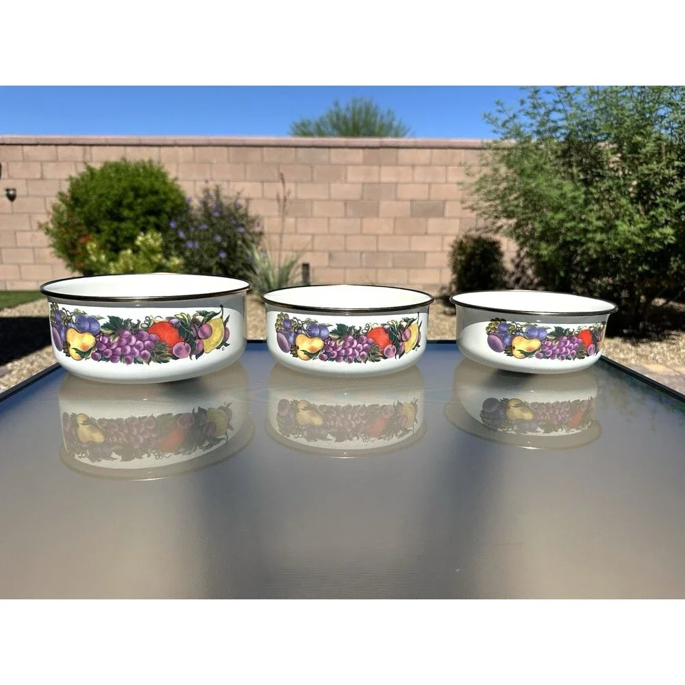 Cornucopia Enamelware Fruit Nesting Mixing Bowls Set Of 3 Enamel Metal